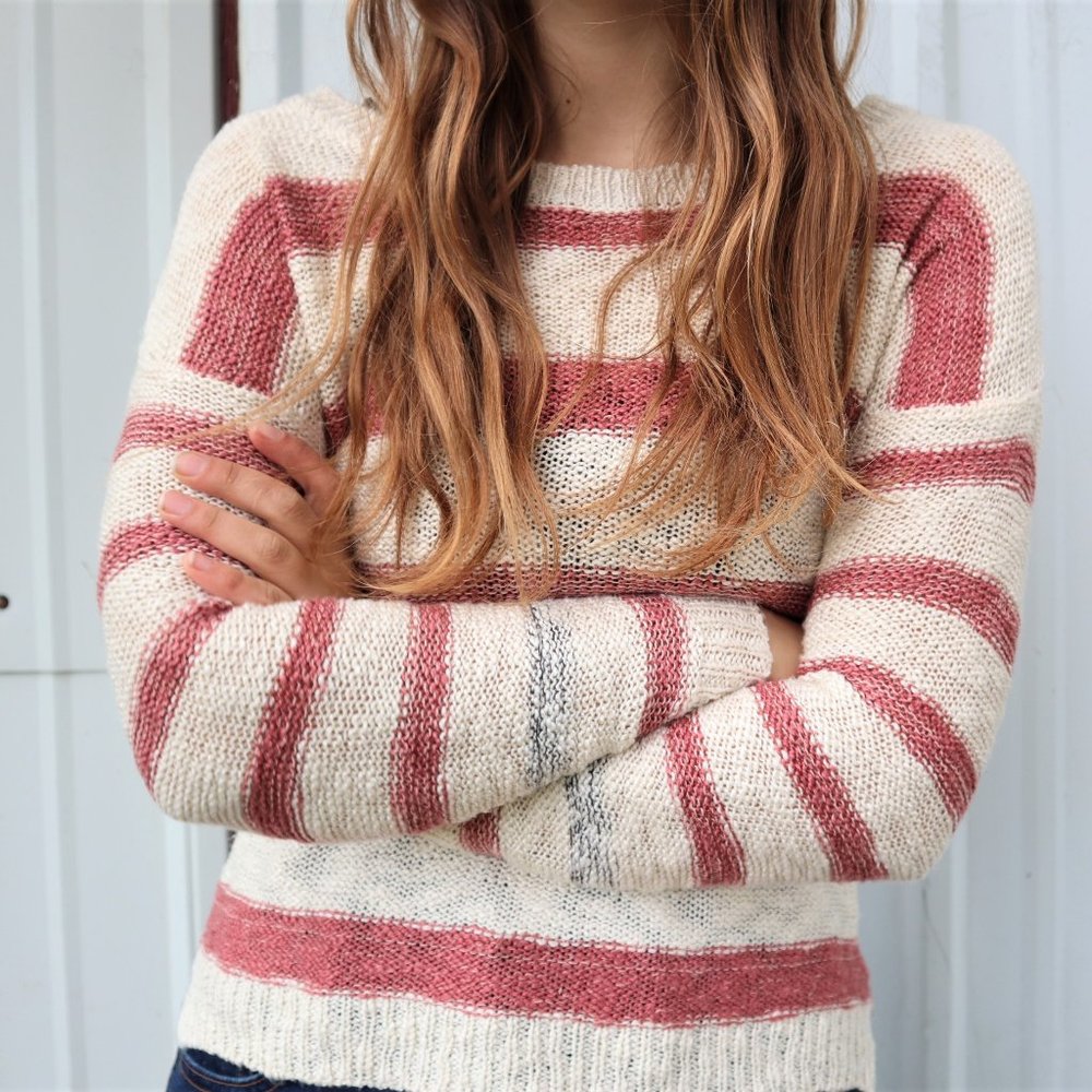 Pink and White striped Pink Rose sweater size small